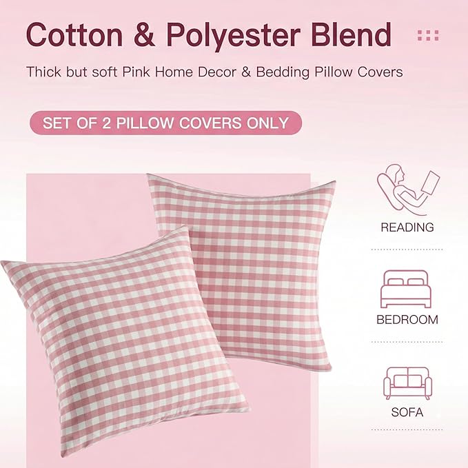 Cute Pink And White Gingham Plaid Pillow Covers 18x18 Set of 2, Light Pink Living Room Decor Throw Pillows For Bed Couch, Farmhouse Outdoor Square Cushion Covers 18 x 18 (No Pillow Inserts)