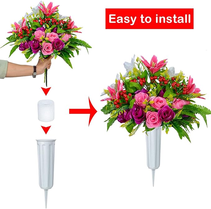 XONOR Artificial Cemetery Flowers with Vase, Set of 2 Artificial Rose Lily Bouquet Graveyard Memorial Flowers for Cemetery Headstones Decoration