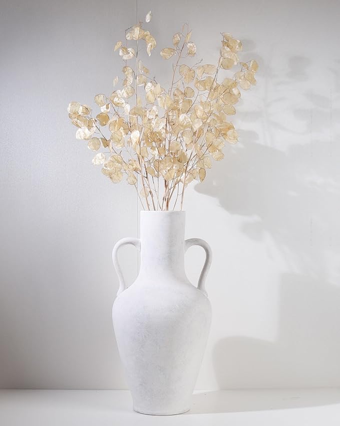 20.5in Tall Ceramic Floor Vase with Vintage Handles, White | Large Antique White Ceramic Floor Vase with Beige Speckles, Distressed Details and Vintage Handles for Rustic Home Decor