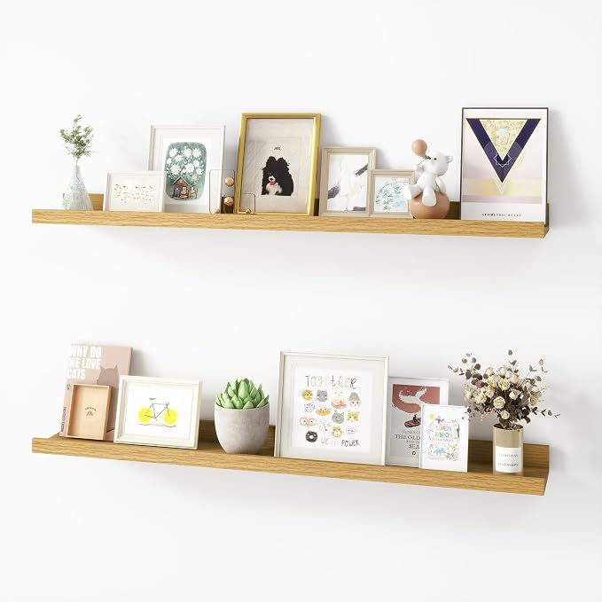 36 inch Picture Ledge Shelf, Wood Floating Shelves, Color Oak, Set of 2 | Photo Ledge, Wall Mounted, For Nursery Book Living Room Kids' Room Bedroom