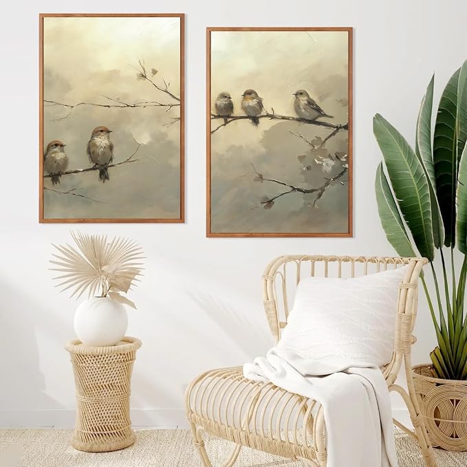 LHIUEM Large Cute Birds Framed Canvas Wall Art,Antique Sparrow Branch Wall Decor,Vintage Farmhouse Painting,Retro Natural Landscape Artwork for Living Room,Bedroom,Dining Room,Office -24"x36"x3