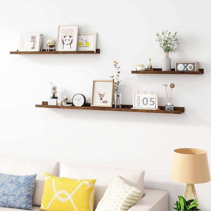 Acovy 24 inch Picture Ledge Shelf, Wood Floating Shelves Set of 4, Brown | Photo Ledge, Nursery Book Shelves, Wall Mounted, For Living Room Kids' Room Bedroom