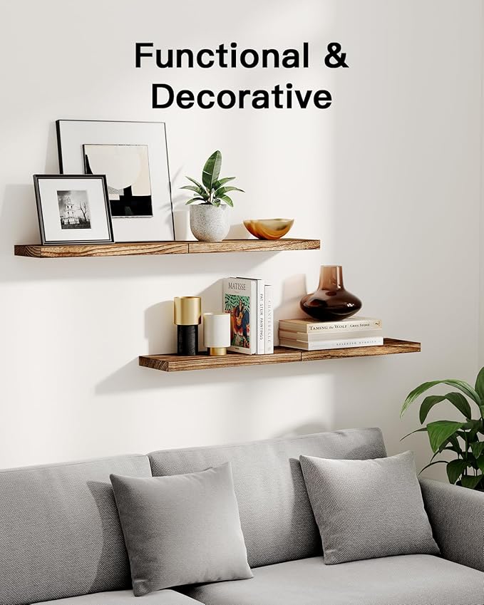 AMADA HOMEFURNISHING Floating Shelves, Paulownia Wood Wall Shelves for Bathroom/Living Room/Bedroom/Kitchen/Home Office, Natural Wood Floating Shelf for Home Storage & Organization, Set of 4, AMFS40BN