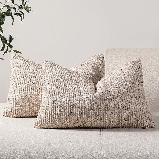 DEZENE Striped Throw Pillow Covers 12x20 Set of 2 Beige Textured Boucle Chic Morden Boho Accent Farmhouse Rectangular Lumbar Decorative Couch Pillow Covers for Home Decor Bed Sofa Living Room