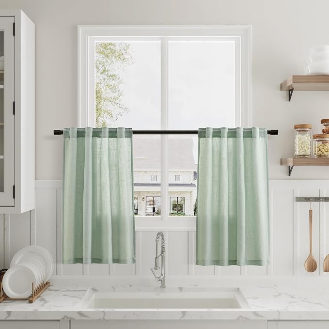 Aqua Green Linen Kitchen Curtains 36 Inch Length 2 Pack Light Filtering Semi Industrial Style Transparent Linen Blend Short Drapes Back Tab Rod Pocket for Small Windows Cafe Bathroom Garage 26Wx36L