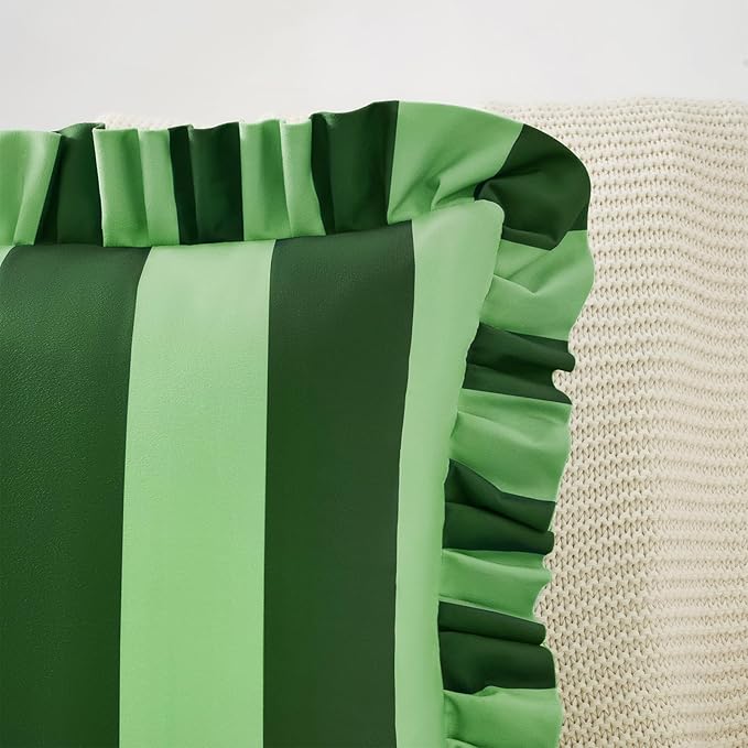 MONDAY MOOSE Decorative Throw Pillow Covers, Set of 2 Water-Resistant Striped Design with Ruffle Edge for Outdoor/Indoor Use, Pillow Inserts Not Included (20x20 inch, Green/Light Green)
