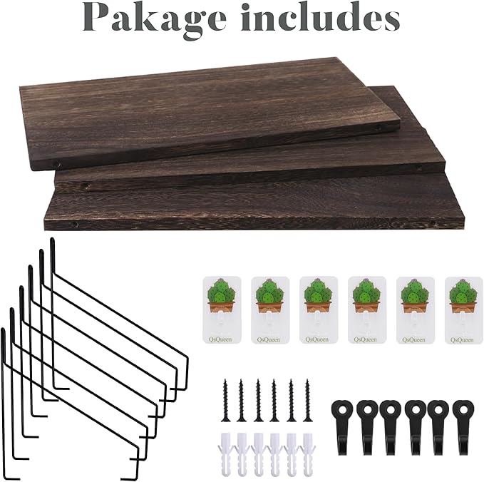 QsQueen Elevate Your Space with Rustic Wood Floating Shelves Set of 3- Perfect for Bedroom, Living Room, Bathroom, and Kitchen Decor - Easy Installation, No Drilling Needed! Brown