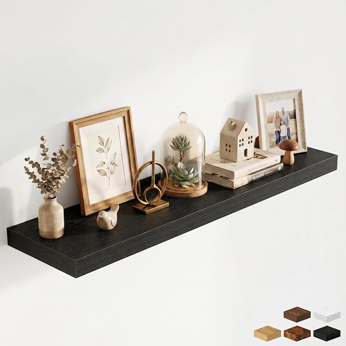Fun Memories 48 Inch Floating Shelves for Wall - 12 Inch Deep Fireplace Mantel Shelf - Wood Floating Shelf for Wall - Large Storage Shelves Wall Mount for Living Room & Bedroom - Black - Set of 1