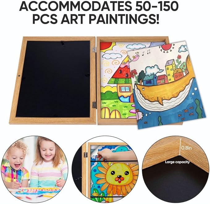 Kids Art Frames,10x12.5 Front Opening Kids Artwork Frames Changeable, Displays 8.5x11 or 9x12 With Mat, Holds 50 Pcs, for 3D Picture,A4 Artwork,Crafts, Childrens Drawing,Art Projects Storage(Wood)