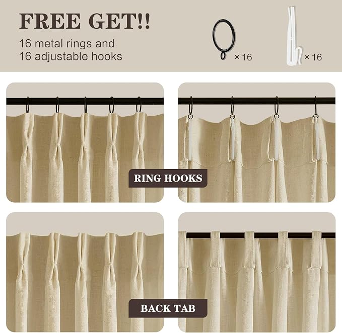 Pinch Pleated Extra Wide Linen Curtains 90 Inch Long for Sliding Glass Door, Grey Beige Light Filtering Curtain Thick Semi-Sheer Pleat Drapes with Hooks 60 Inch Width for Living Room Farmhouse
