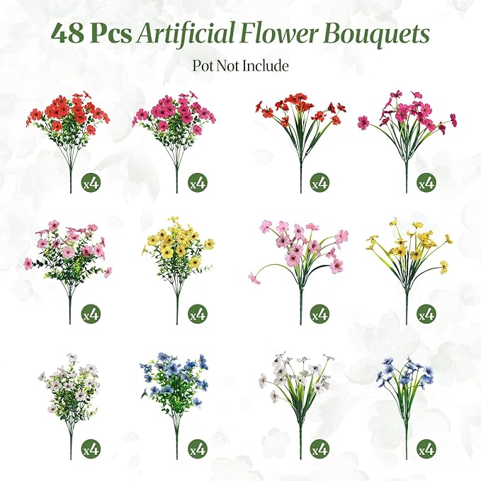Alupssuc 48 Bundles Artificial Flowers for Outdoors Decoration, UV Resistant Silk Faux Floral Spring Fake Plastic Plants Greenery for Outside Indoor Home Porch Window Box Decor(Upgrade 6 Colors)