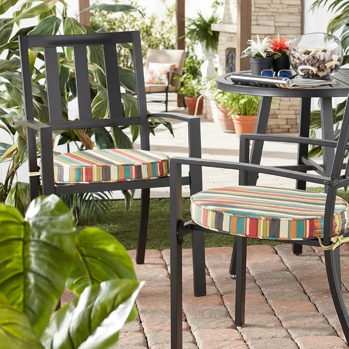 Set of 2 Outdoor 18 inch Round Patio Dining Chair Pads – Comfortable Fiber-Filled Seat Cushions with Ties, Reversible Polyester Fabric, Sunset Stripe