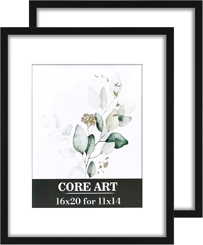 CORE ART 16x20 Frames, Black 16 x 20 Picture Poster Frame with Mat for 11x14 or without Mat for 16 by 20, Wall Mount Horizontal or Vertical, 2 Pack