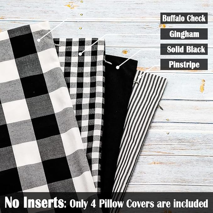 CARRIE HOME Buffalo Plaid Black Throw Pillow Covers 20x20 Set of 4 Decorative Black Outdoor Pillow Covers for Patio and Porch