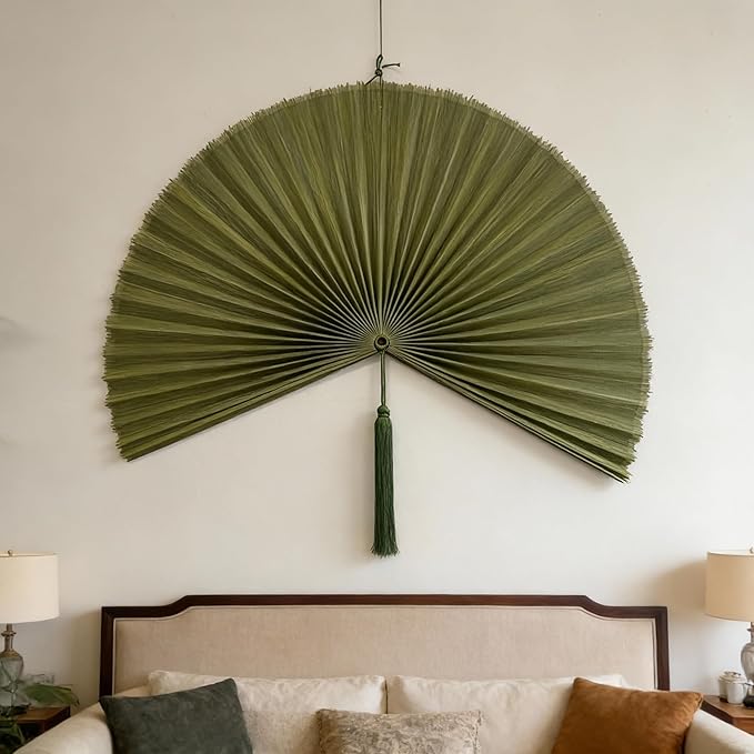 ChumDecor Fan Wall Decor, Japanese Giant Fan, Large Bamboo Fan Wall Art For Boho Hanging Headboard, Decorative Folding Fans For Over Bed, Asia Trending (Army Green 60inch)