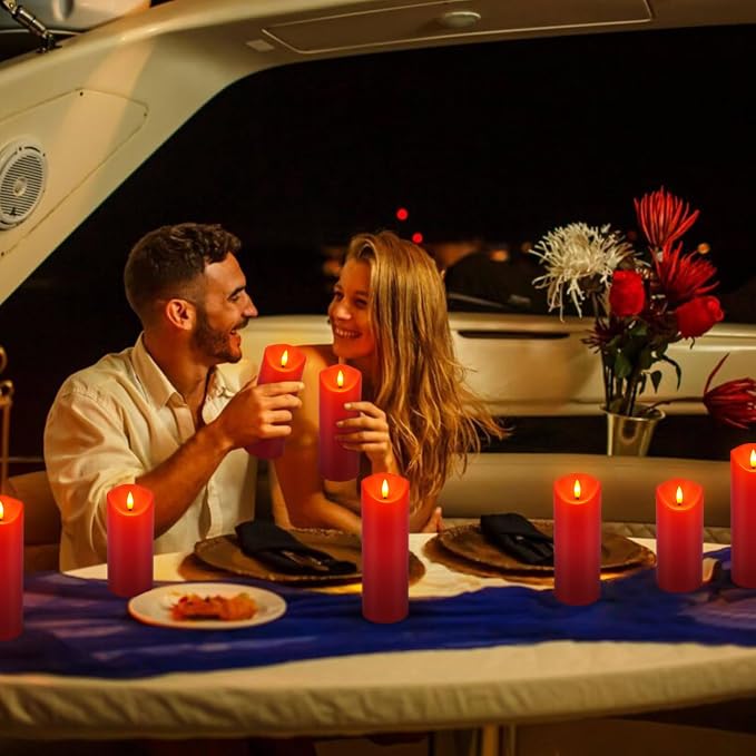 24-Pack Red Flameless LED Candles with Remote - Realistic Flickering Battery - Operated Pillar Candles forValentine's Day, Home Decor, Weddings, Parties.
