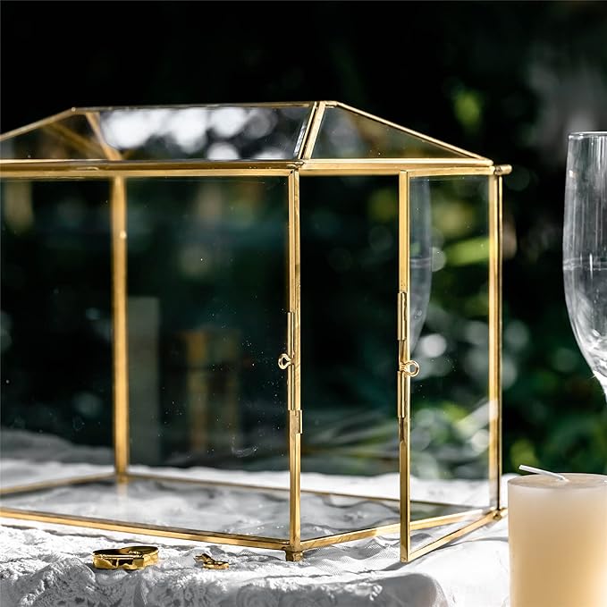 NCYP Small 10.2" x 5.9" x 7.9" Glass Cards Box with Slot and Lock for Wedding Reception - Home Birthdays Party Geometric Decorative, Gold - Slot Length 6.3 Inches (Glass Box Only)