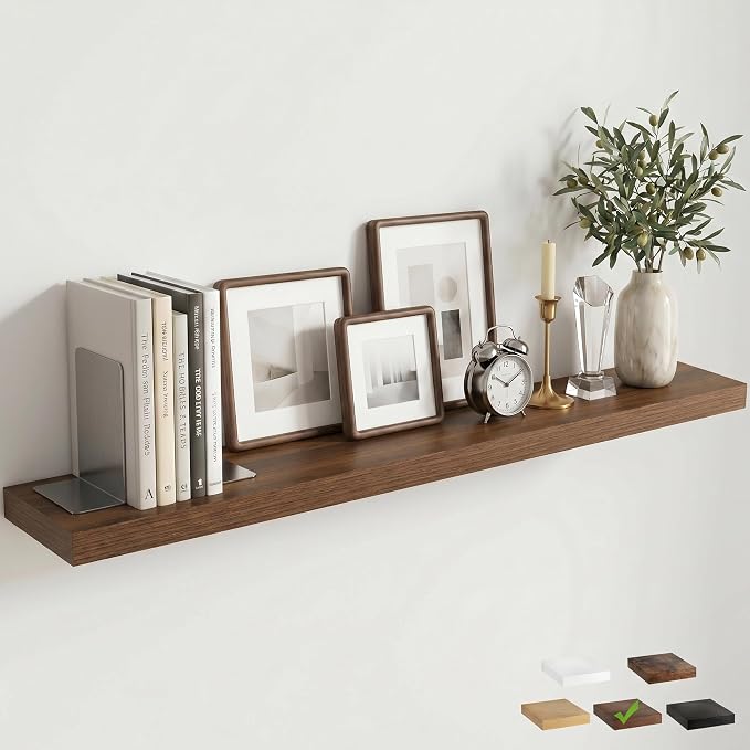 Venusmiles Floating Shelves for Wall, 48 Inch Floating Shelves Set of 1, 6.5" D Wooden Wall Mounted Display Shelves with Invisible Brackets for Living Room, Bedroom, Bathroom, Kitchen Decor, Walnut