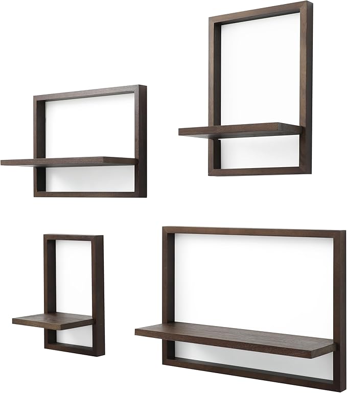 PHOENANCEE Square Floating Shelves,Framed Wall Shelf Decorative Set of 4,Modern Plants Hanging Display Art Decor Storage for Livingroom Bedroom Bathroom Farmhouse,Home Light Wood,Rustic Walnut