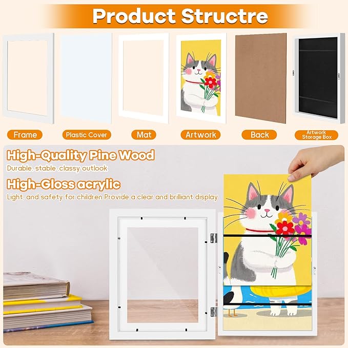 2 Pack Kids Artwork Frames Changeable 10 x 12.5 Inch Children Art Projects Kids Art Frames Front Opening Picture Display Frame, White