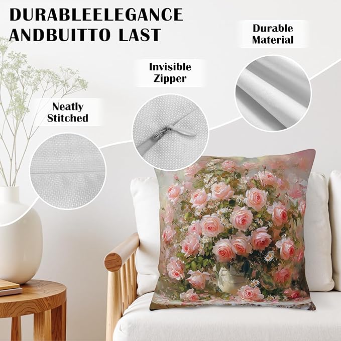 Retro Pink Flower Throw Pillow Covers Vintage Daisy Rose Floral Pillow Covers 18x18 Set of 2 Shabby Chic Oil Painting Outdoor Pillowcases for Home Bedroom Living Room Sofa Couch