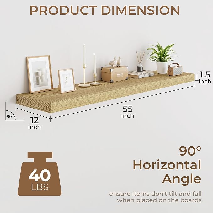 RICHFOCUS 55 Inch 12" D Floating Shelves for Wall 2 Pack Long Wall Shelves for Room Wall|Large Wood Hanging Shelf with Invisible Brackets for Bathroom Bedroom Kitchen Laundry Room, Oak