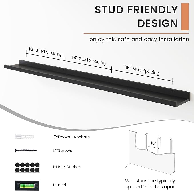 FLYJOE Floating Picture Ledge Shelves for Wall Set of 4, 56 Inch Wall Shelves with Lip Long Large Nursery Book Shelf for Toys Storage Kids Bookshelf Wall Mounted Living Room Bedroom Decor Frames