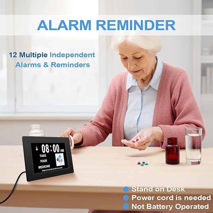 JALL 【2024 New Digital Calendar Dementia Day Clock, 7 Inch Large Screen Display, with Multiple Alarms, AM & PM Display, for Impaired Vision People, Age Seniors, for Desk, Wall Mounted