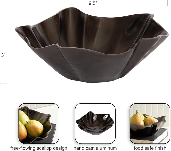 Kate and Laurel Flutte Scalloped Decorative Metal Serving Bowl; 10 x 10 x 3; Black Nickel; Modern Wavy Fruit Bowl for Kitchen Counter or Use as Tabletop Storage for an Entryway Table