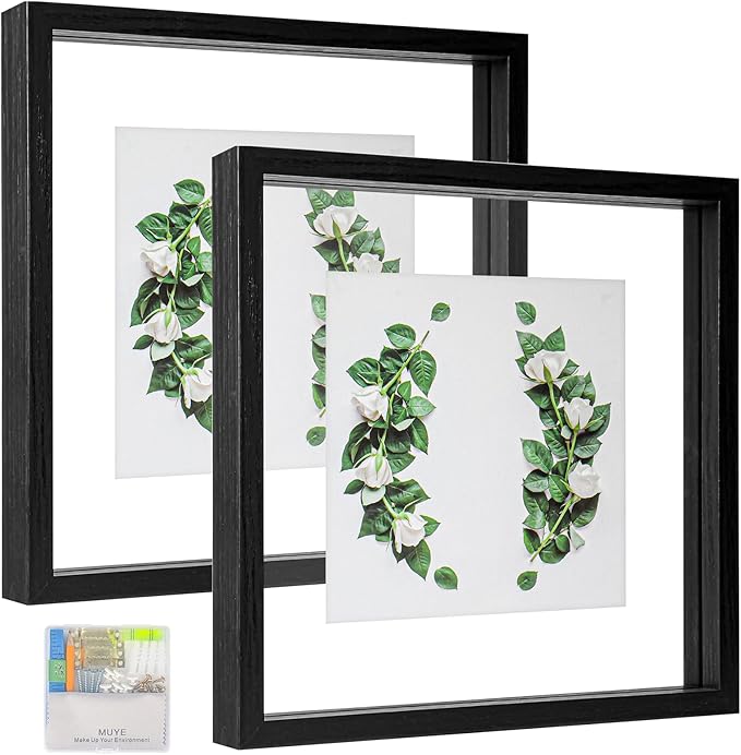 MUYE 10x10 Floating Frames Set of 2,Double Glass Picture Frame Display Any Size Photo up to 10x10,Wall Mount or Tabletop Standing,Black