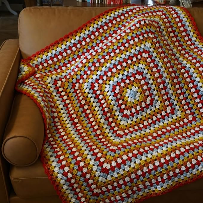 Handmade Crochet Granny Square Throw Blanket Sweater Style,Crochet Quilt,Multicolor Boho Travel Accent Throw for Sofa Comforter Couch Bed Recliner Living Room Bedroom Decor 43" x43" (A)