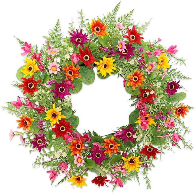 Spring Summer Wreaths for Front Door,22 Inch Artificial Spring Summer Daisy Wreath with Wildflowers,Ferns,Eucalyptus Leaves for Indoor Outdoor Wall Porch Festival Farmhouse Home Holiday Decor.