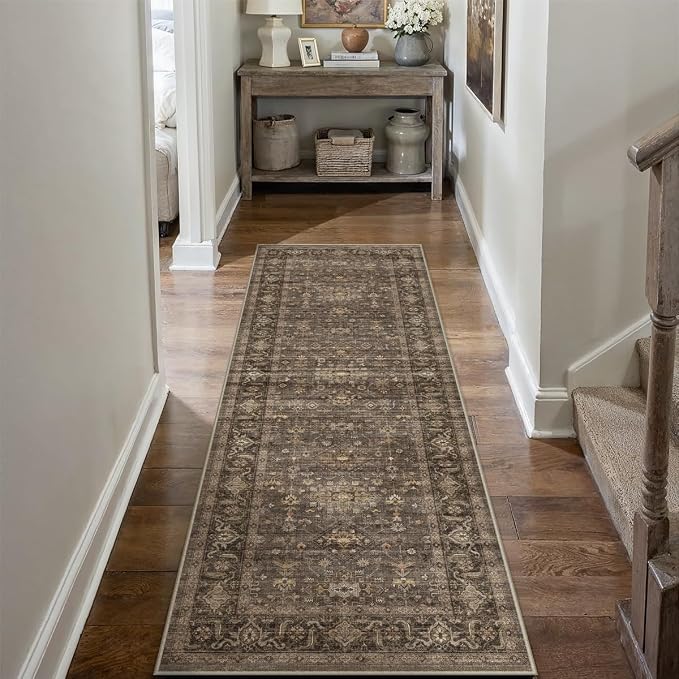2x6 Washable Runner Rug for Hallway Kitchen Vintage Brown Non Slip Low Pile Carpet Traditional Retro Soft Throw Rug for Bathroom Bedroom Entryway Indoor Entrance