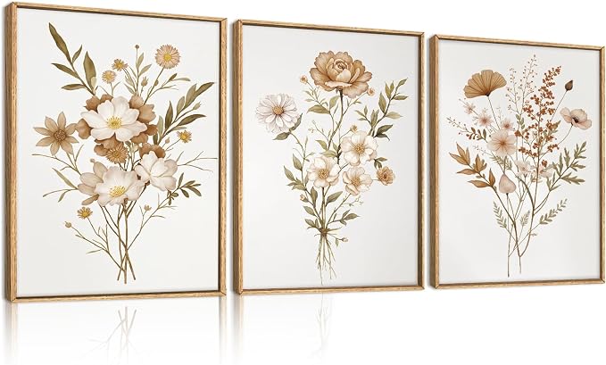 KAIRNE Neutral Boho Floral Framed Canvas Wall Art Set, Vintage Botanical Flower Wall Decor, Minimalist Wildflower Art Prints, Modern Beige Artwork for Living Room, Bedroom, Farmhouse, Office-12"x16"x3