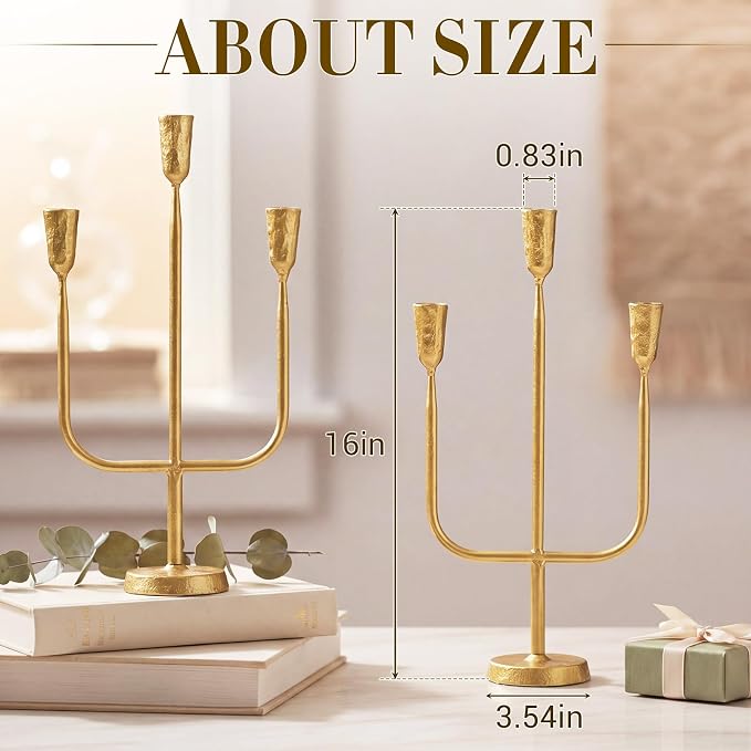 2 Pcs 16 Inch 3 Arm Metal Candelabra Cast Iron Taper Candelabra Vintage Tall Candle Holder Decorative Candlestick Holder for Wedding Antique Table Centerpiece & Mantel Decor (Gold)