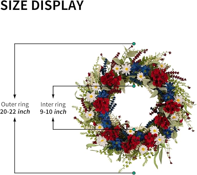 20 Inch Patriotic Wreaths for Front Door, 4th of July Independence Day Memorial Day Wreath with Red White Blue Flowers, Grain and Eucalyptus Leaves Outdoor Patriotic Door Decor for Home Porch