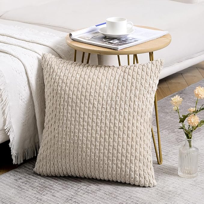 Fancy Homi 2 Packs Tan Decorative Throw Pillow Covers 16x16 Inch for Couch Bed Sofa, Modern Farmhouse Boho Home Decor, Soft Cute Plush Corduroy Tan Cushion Case 40x40 CM