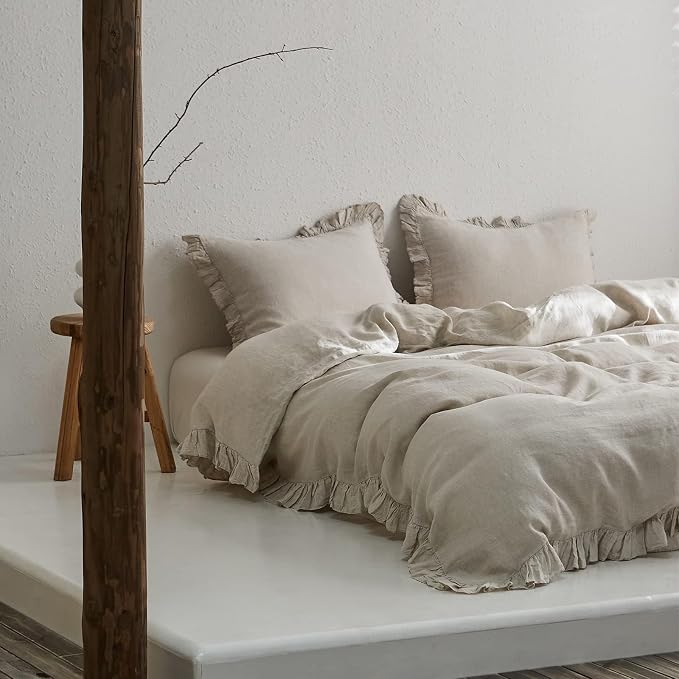 Simple&Opulence 100% Linen Duvet Cover Set, 3 PCS Natural French Flax Ruffle Duvet Cover Full Size, Breathable Comfy Linen Bedding Comforter Cover with 2 Pillowcases (Natural Linen, 78"X 86")