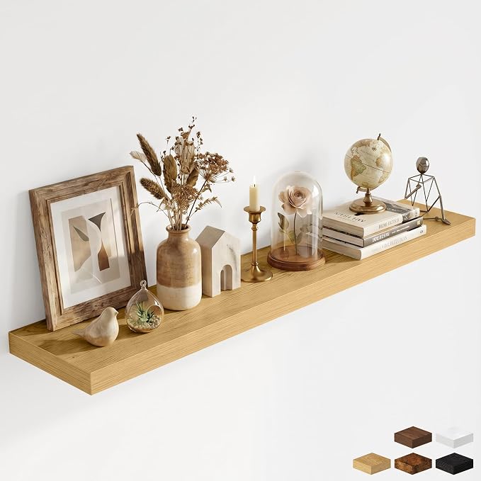 Fun Memories 55 Inch Floating Shelves for Wall - 12 Inch Deep Fireplace Mantel Shelf - Wood Floating Shelf for Wall - Large Storage Shelves Wall Mount for Living Room & Bedroom - Oak - Set of 1