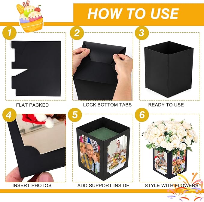 12 Pcs Picture Centerpieces for Table - 6 Inch Photo Display Frame & Hollow Picture Props Box for Congrats Grad Decor, Wedding, Birthday Party Table Decoration (Black)
