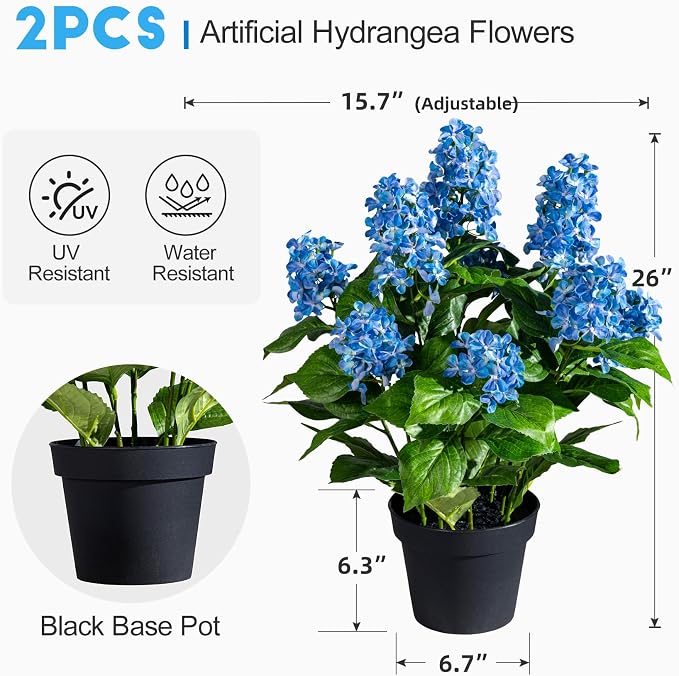2 Pack Large UV Resistant Artificial Hydrangea Plants Fake Plastic plantas Flowers Trees Indoor Outdoor Realistic Floor Plants Faux Tree for Home Porch Garden Office Porch Patio Front Bonsai Decor