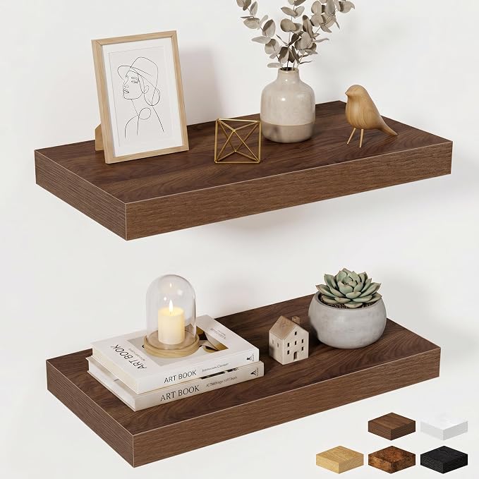 Fun Memories Wood Floating Shelves 20 Inch, 10 Inch Deep Shelves Wall Mount, Wall Shelves with Invisible Bracket, 20" Floating Shelves for Living Room Bathroom Bedroom, Walnut, Set of 2