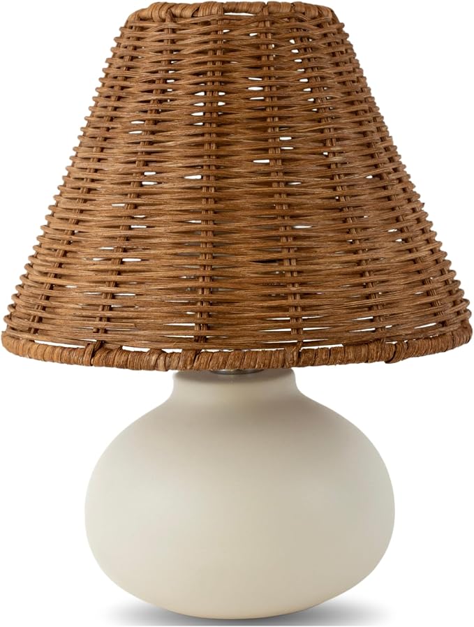 11" Small Table Lamp – Handmade Ceramic Cream Base with Wicker Rattan Shade, Dimmable Plug-in Nightstand Light for Bedroom, Kitchen Counter, or Small Spaces – Boho Japandi Organic Decor