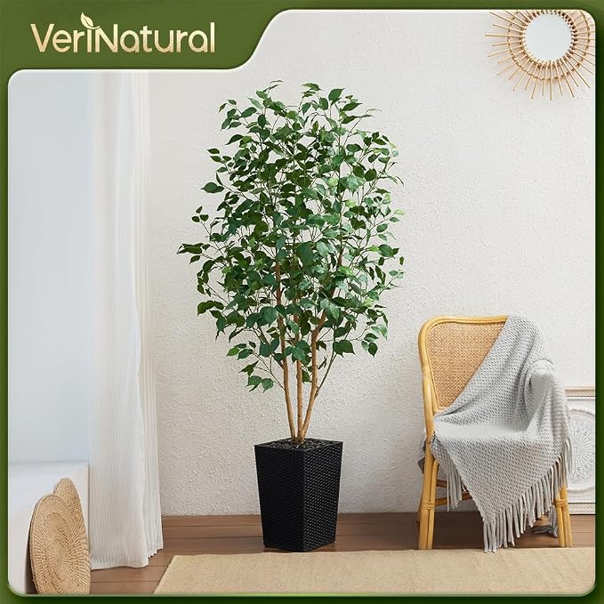 VeriNatural 6ft Artificial Ficus Tree,Tall Faux Tree with Silk Leaves & Real Wood Trunk,UV Resistant Potted Fake Plant with Pebbles & Planter-Indoor Outdoor Floor Plant for Home Living Room,VN129