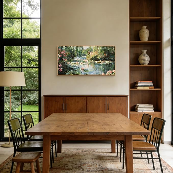 LHIUEM Monet Water Lilies Floral Framed Canvas Wall Art Set,Vintage Impressionist Botanical Wall Decor,Oil Paintings Style Flowers Artwork for Living Room,Bedroom,Dining Room,Office -20"x40"x1