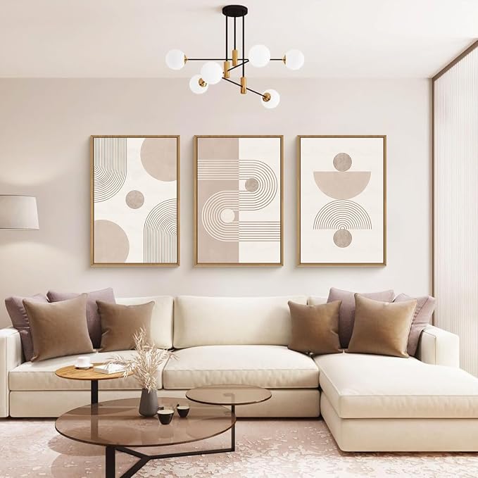 HPINUB Boho Abstract Framed Canvas Wall Art Set, Beige Mid Century Wall Decor, Neutral Geometric Minimalist Line Artwork for Living Room, Bedroom, Dining Room, Office, Bathroom - 16"x24"x3