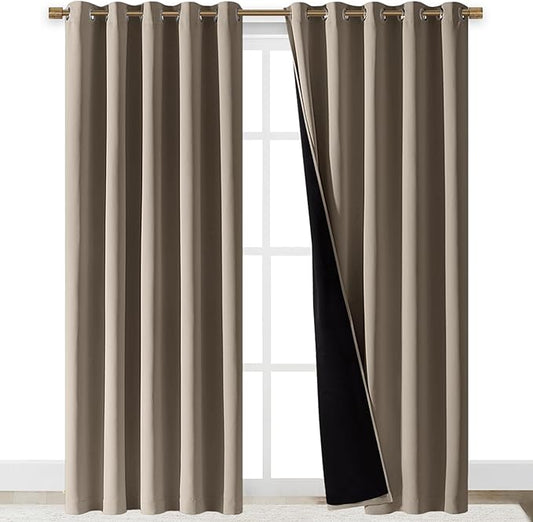 NICETOWN Total Shade Curtains and Draperies, Heavy-Duty Full Light Shading Drapes with Black Liner Backing for Villa/Hall/Dorm Window（Taupe, Package of 2 Panels, 70 inches Wide x 95 inches Long