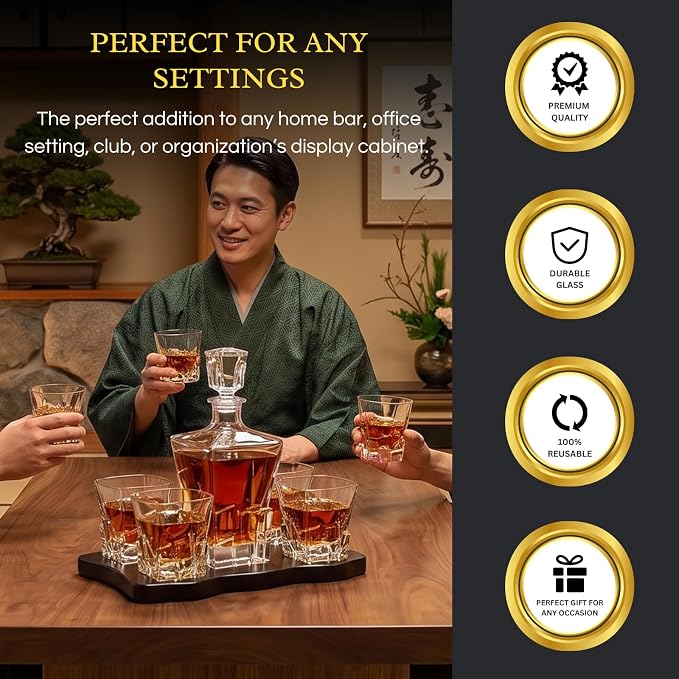 Ridge Japanese Crystal Whisky Decanter Set with 4 Tumbler Glasses, Lead-Free Liquor Carafe & 10oz Rocks Glasses - Scotch Bourbon, Spirits & Wood Base Elegant Barware Gift for Men, Japan Design Gifts