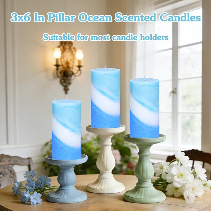 Ocean Scented Pillar Candles, Blue and White Striped Candles, 3x6 Inch, 100% Cotton Core Paraffin Wax Candles, Handmade Aromatherapy Candles Decorative for Gift & Home Decor, Set of 3