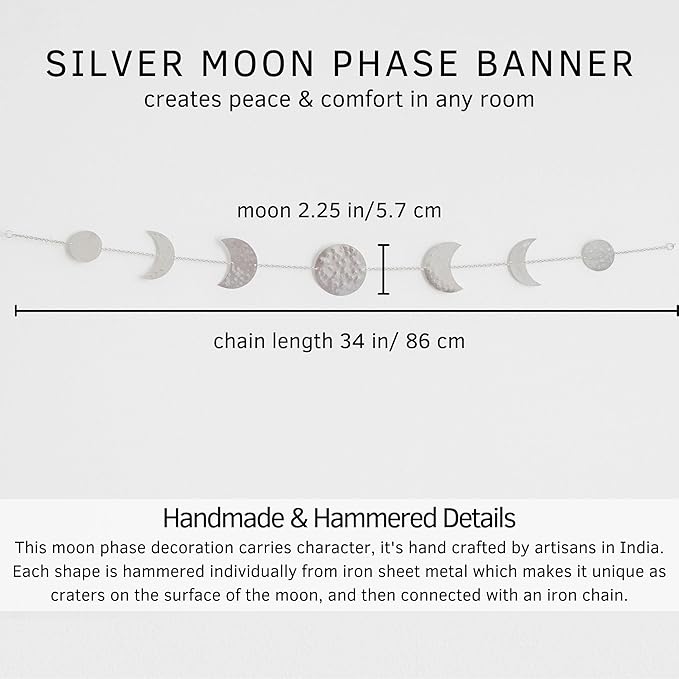 BASE ROOTS Moon Phase Wall Decor, Silver Wall Decor for Bedroom & Living Room, Bohemian Wall Decor, Handmade Hammered Metal 34" 7 Phases Moon Wall Decor, Celestial Wall Art, Gift for Women & Kids